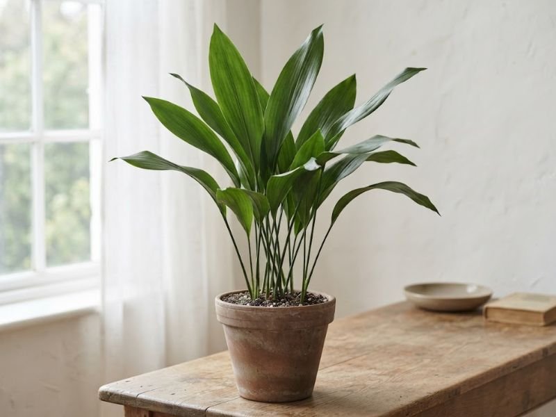 Aspidistra verde formando touceira de folhas longas em vaso
