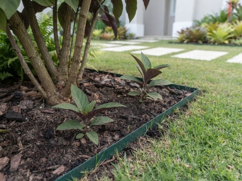 Brotações da planta cotonete surgindo próximas à base do arbusto em canteiro de jardim.