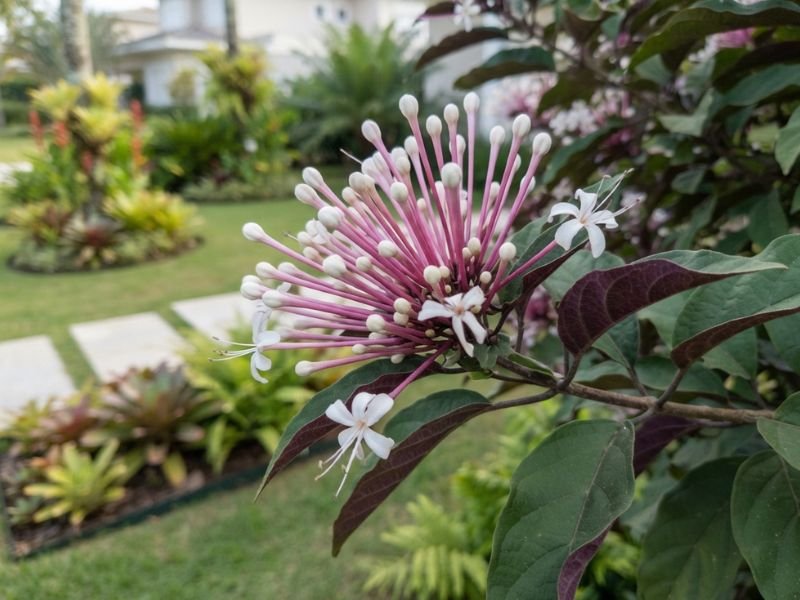 Detalhe da planta cotonete com botões alongados rosados, pequenas flores brancas e folhas verdes com verso arroxeado.