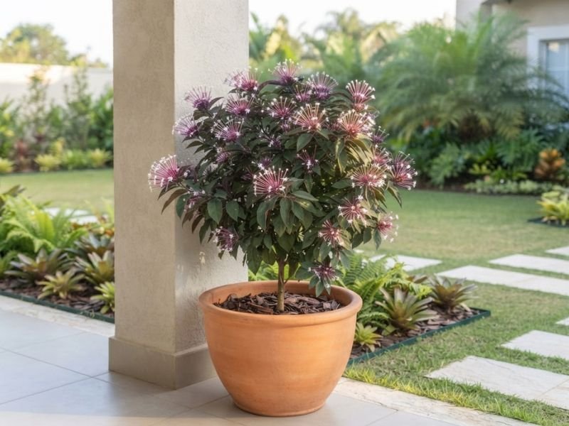 Planta cotonete florida cultivada em vaso grande em área externa iluminada.