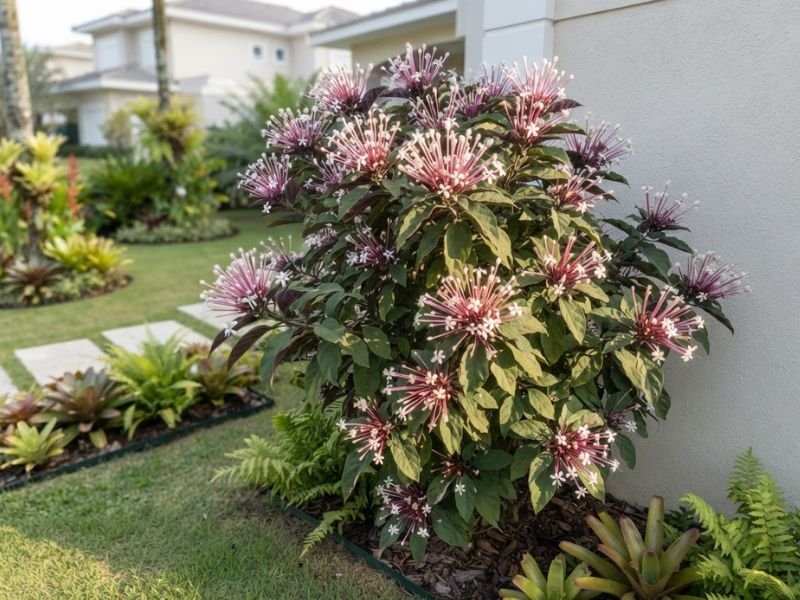 Planta cotonete cultivada em jardim ensolarado, com inflorescências rosadas e folhas verdes.
