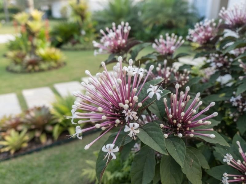 Inflorescências rosadas da planta cotonete com numerosos botões alongados e pequenas flores brancas abertas.