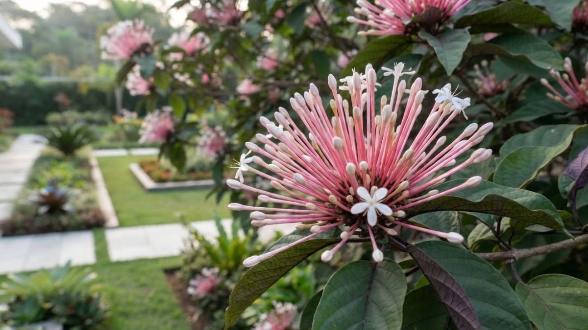 Planta cotonete com inflorescência rosada, pequenas flores brancas e folhas verdes em jardim residencial.
