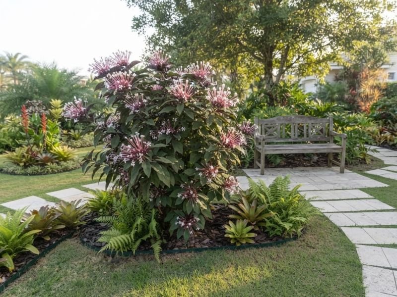 Planta cotonete florida integrada ao paisagismo de jardim residencial com gramado e canteiros ornamentais.