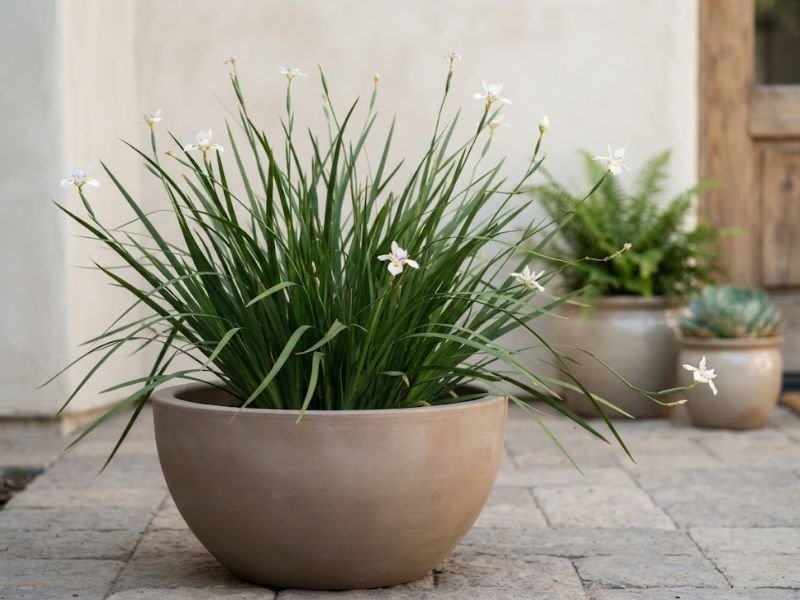 Moreia branca florida cultivada em vaso grande