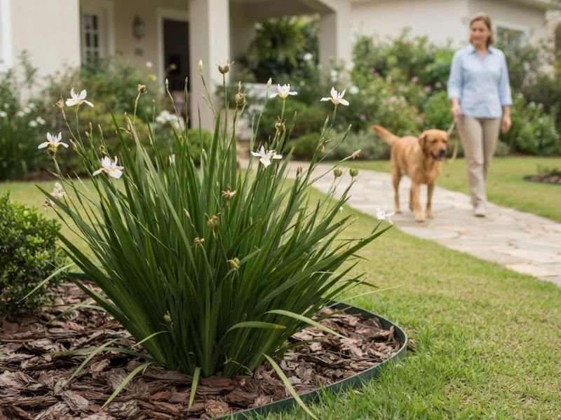 Cachorro próximo de uma touceira de moreia no jardim