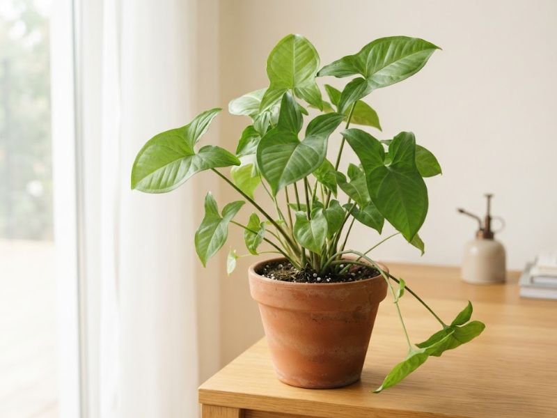 Planta singônio verde com folhas em formato de flecha e ramos alongados