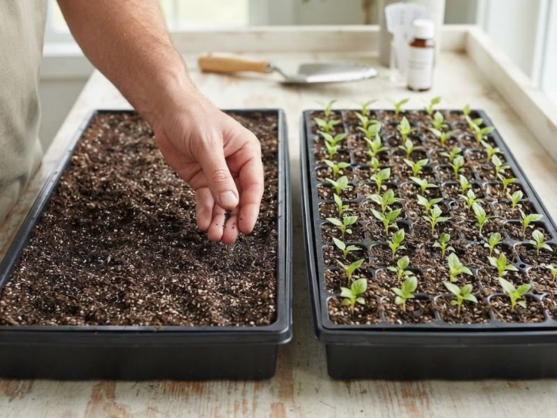 Mão distribuindo pequenas sementes de celósia plumosa em bandeja de germinação