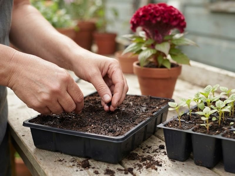 Mãos plantando sementes de crista-de-galo ao lado de mudas jovens