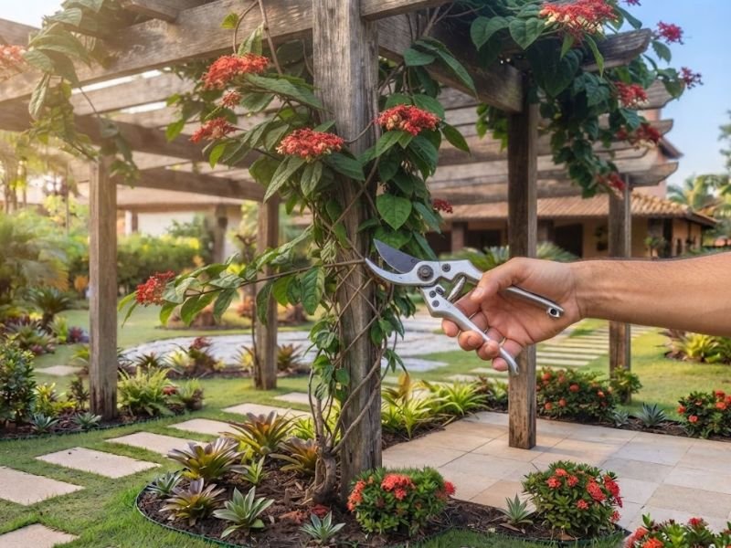 Poda de manutenção em ramo de clerodendro vermelho com tesoura