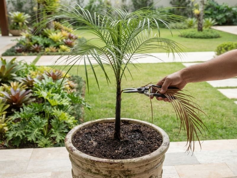 Poda de folha seca do coco vedeliano próxima à base do pecíolo