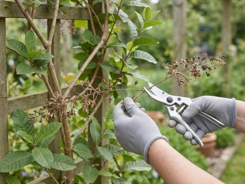 Poda de ramo com cachos secos de flor-de-São-Miguel após o término da floração