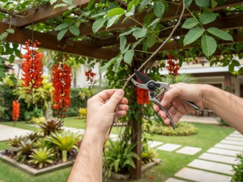 Mãos realizando poda leve em ramo de jade vermelha com tesoura de poda diante de pergolado florido