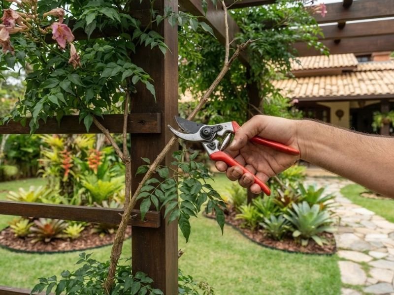 Mão com tesoura podando ramo da trepadeira sete léguas conduzida em estrutura de madeira.