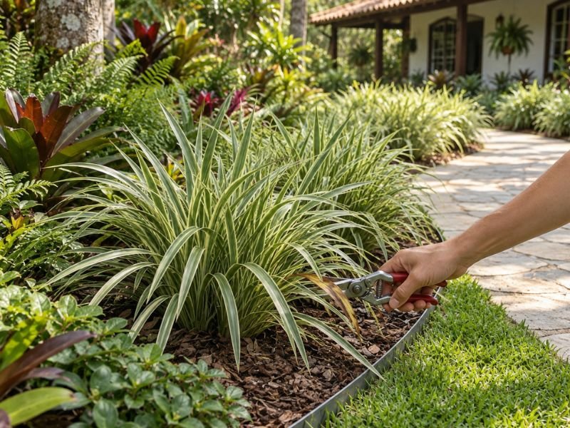 Mão com tesoura de poda removendo folha seca de dianela variegata em bordadura de jardim.