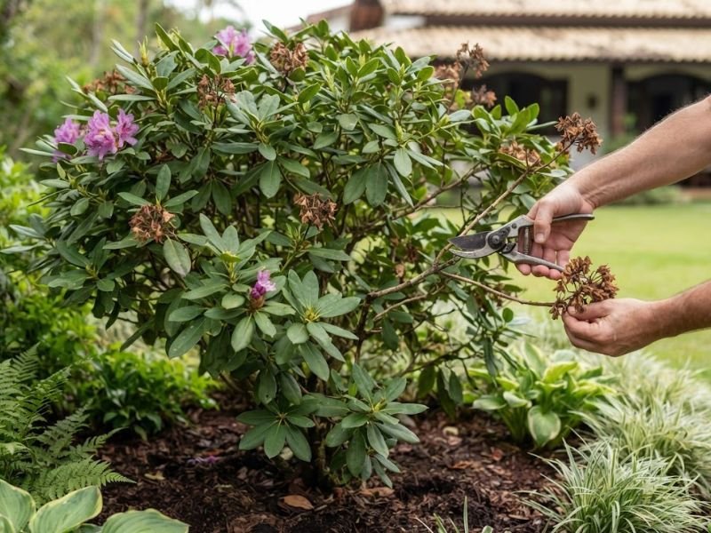 Pessoa podando rododendro após a floração com tesoura de jardinagem