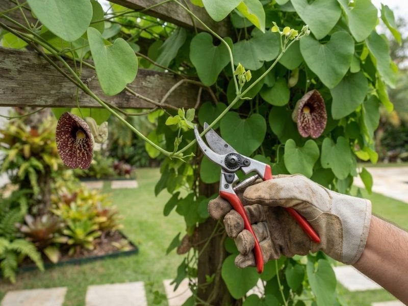 Mão com luva usando tesoura de poda em ramo lateral da flor papo de peru conduzida em treliça de madeira.