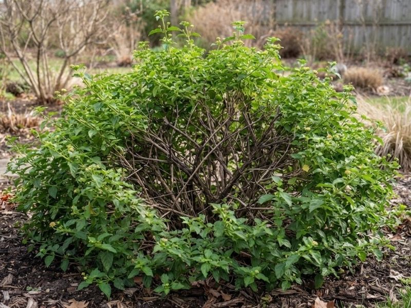 Lantana camara saudável com alguns ramos secos antes da poda de final de inverno