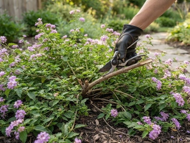 Mão podando lantana rasteira já expandida com tesoura de jardinagem
