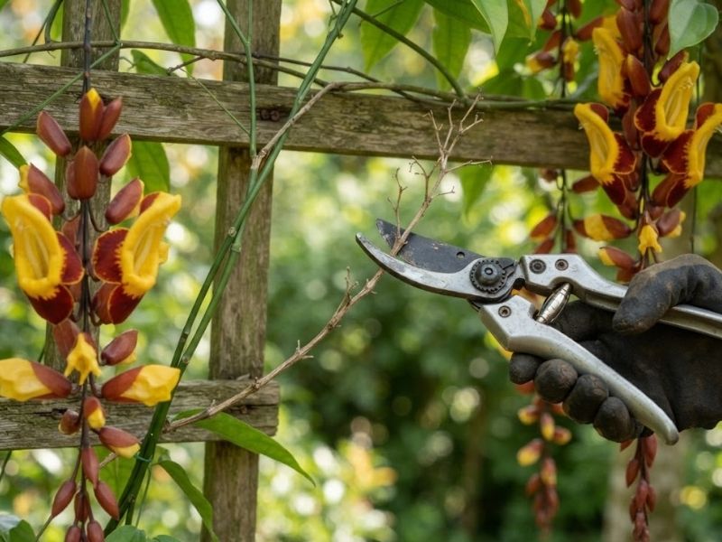 Tesoura de poda retirando ramo seco do sapatinho de judia sem cortar os cachos floridos