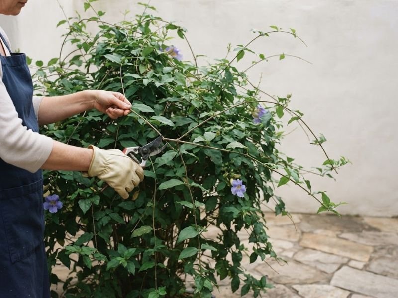 Pessoa podando ramos compridos de tumbérgia arbustiva com tesoura de jardinagem