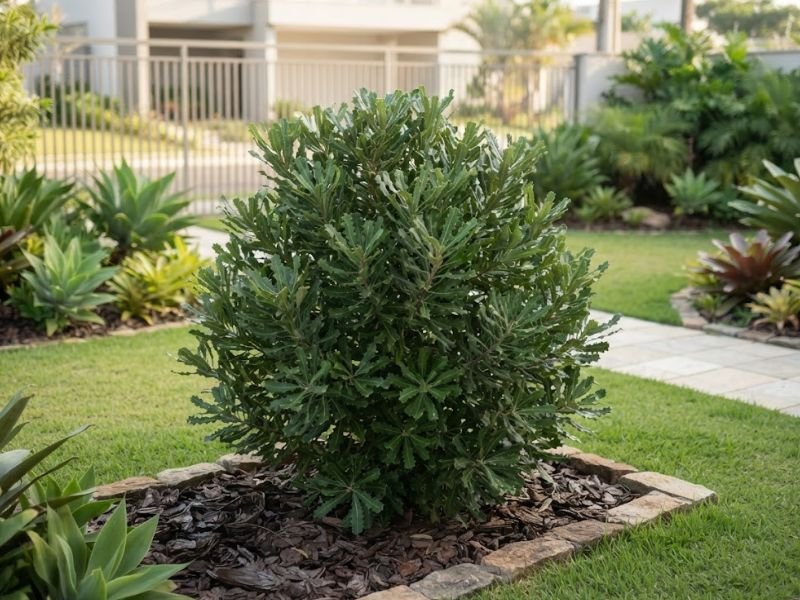 Banksia saudável com bastante folhagem mas sem flores no jardim