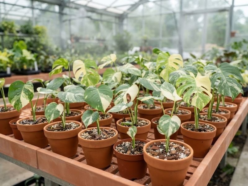 Mudas de costela de adão variegata cultivadas em viveiro