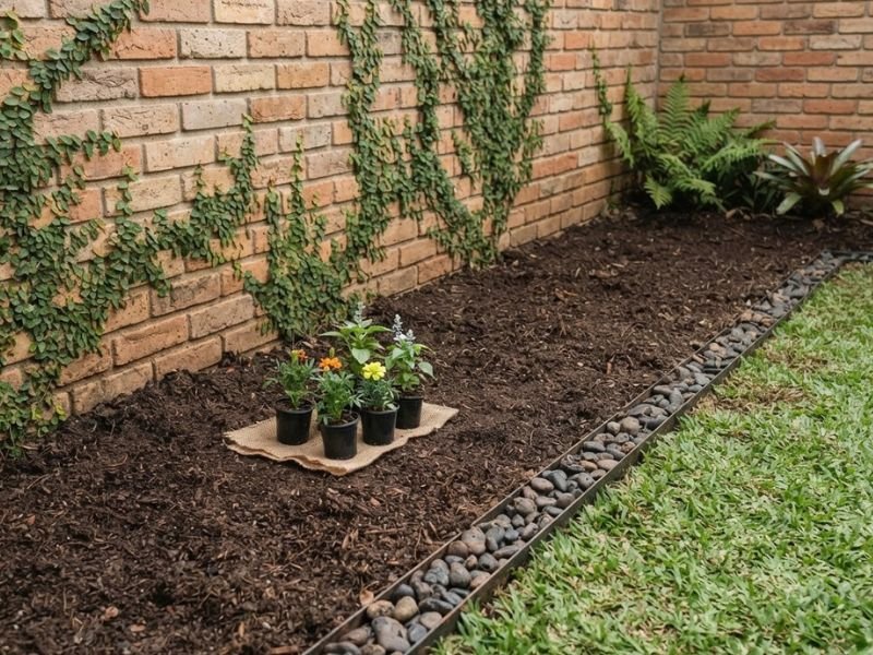 Canteiro com terra preparada e pequenas mudas posicionadas antes do plantio