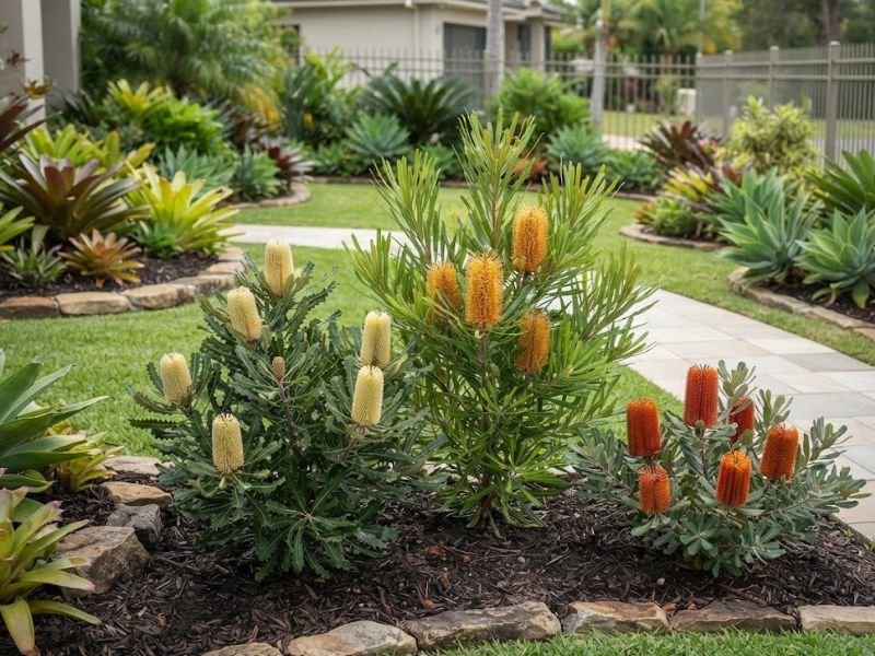 Diferentes tipos de banksia com flores creme, amarelas e alaranjadas no jardim