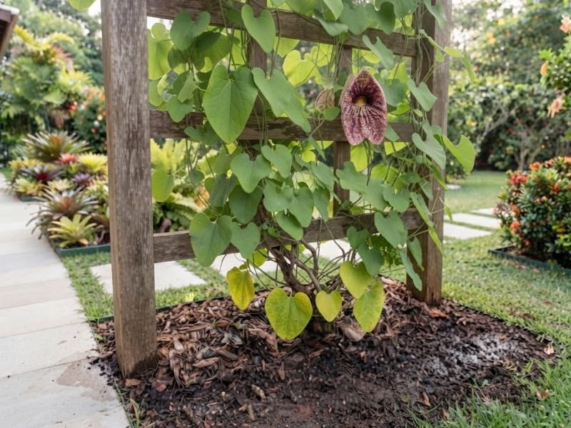 Flor papo de peru com folhas inferiores amareladas e solo muito úmido na base, em estágio inicial de excesso de umidade.