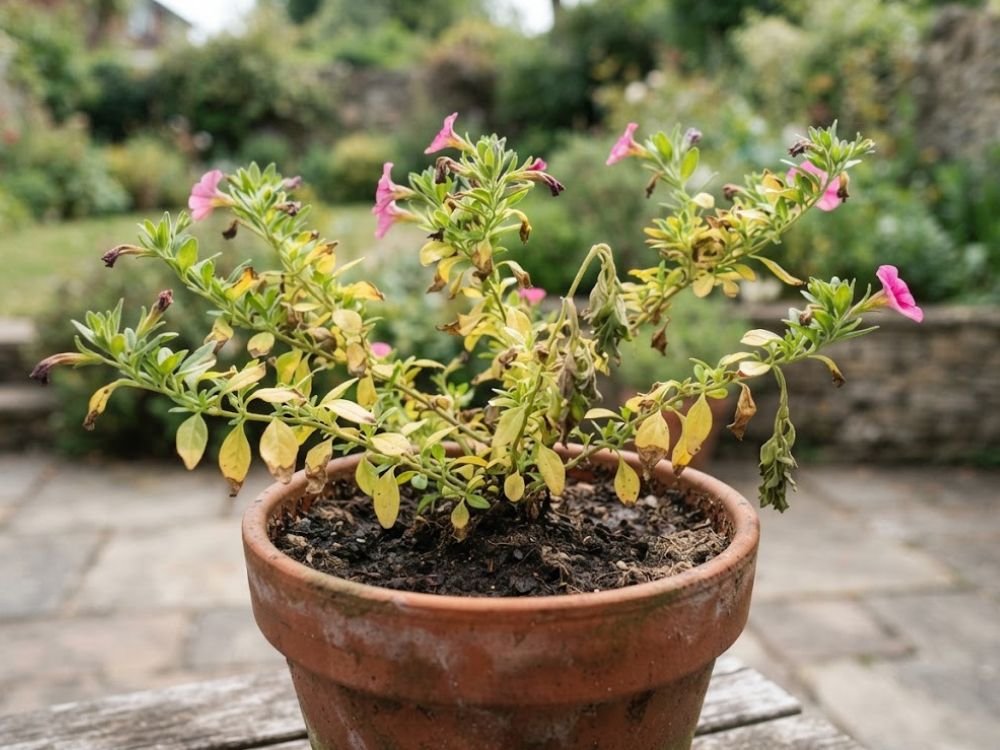 Calibrachoa com folhas amareladas, ramos murchos e poucas flores