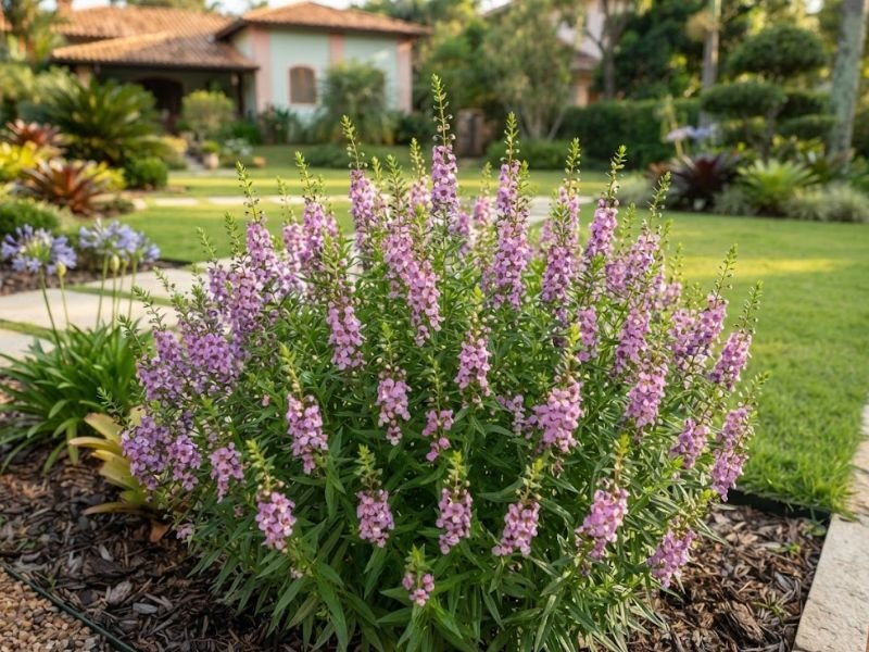 Angelônia em plena floração com numerosas hastes florais lilases no jardim