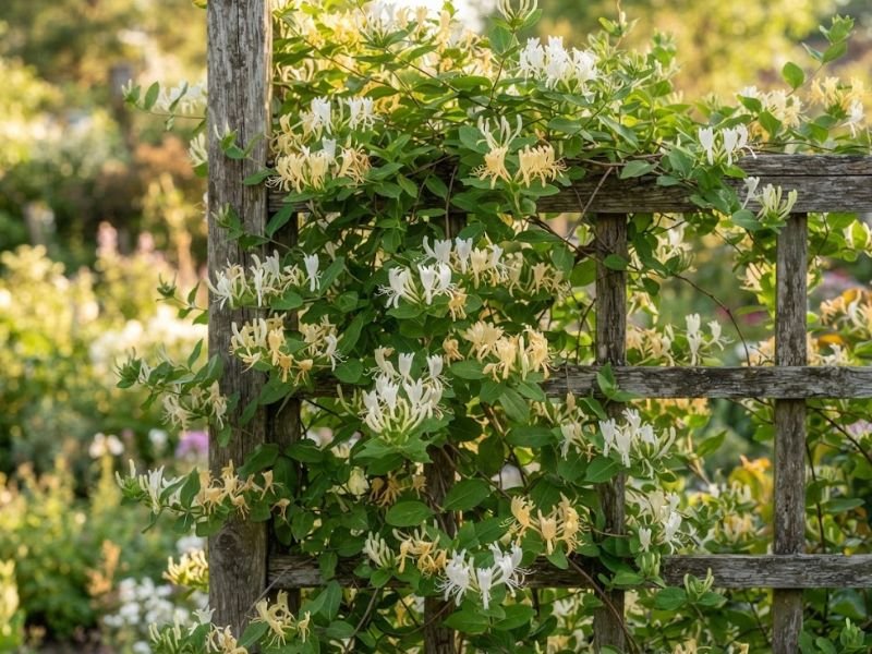 Madressilva florida com muitas flores brancas e creme em estrutura de jardim