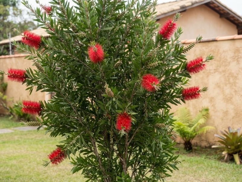 Calistemo com flores vermelhas abertas e novas inflorescências em desenvolvimento.