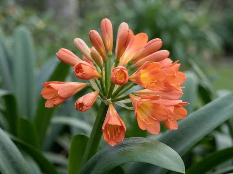 Haste de clívia miniata com botões e flores alaranjadas abertas