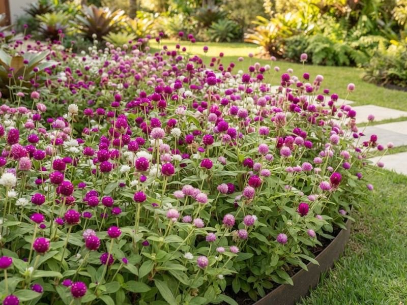 Canteiro de flor perpétua em plena floração com flores roxas, rosas e brancas