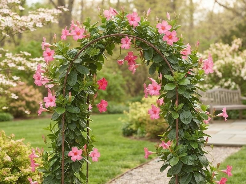 Mandevilla trepadeira com flores rosas e botões durante período de floração intensa.