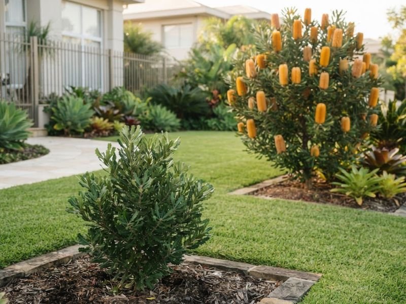 Banksia jovem sem flores diante de uma planta adulta florida no jardim