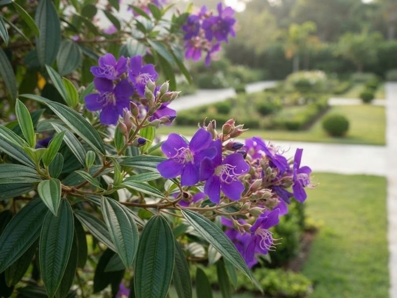 Ramo de quaresmeira roxa com flores violetas, botões florais e folhas verdes com nervuras evidentes.