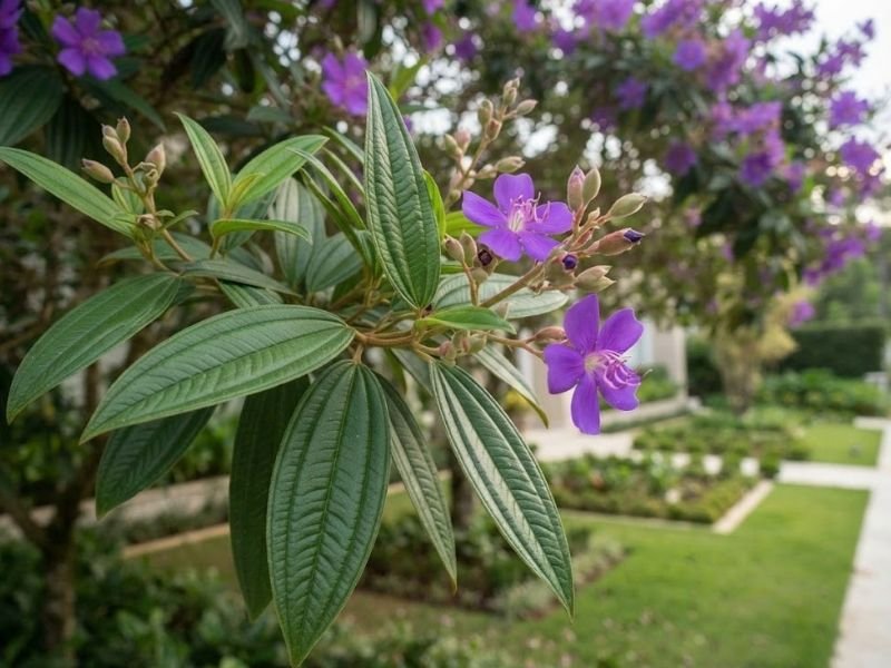 Detalhe das folhas alongadas da quaresmeira roxa, com nervuras marcadas, botões florais e flores violetas.