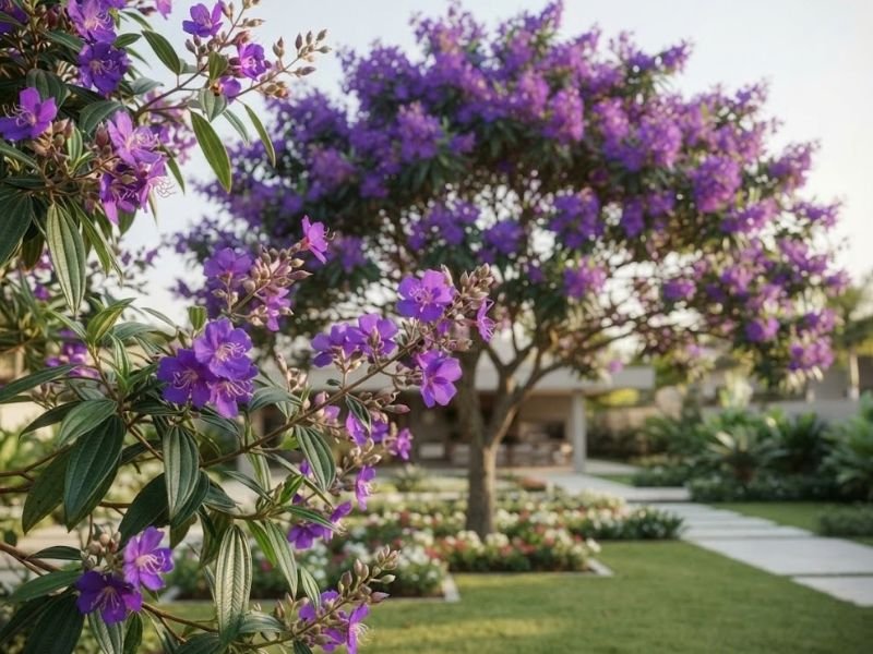 Copa de quaresmeira roxa com floração abundante, apresentando numerosos conjuntos de flores violetas entre as folhas.