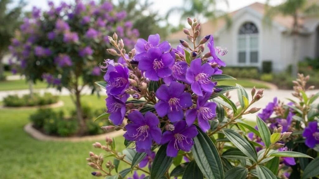 Flores violetas da quaresmeira roxa em primeiro plano, com árvore florida e jardim residencial ao fundo.