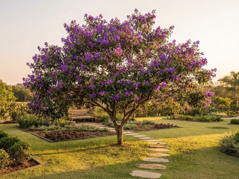 Quaresmeira roxa adulta com copa florida em jardim residencial com gramado, caminho de pedras e banco de madeira.