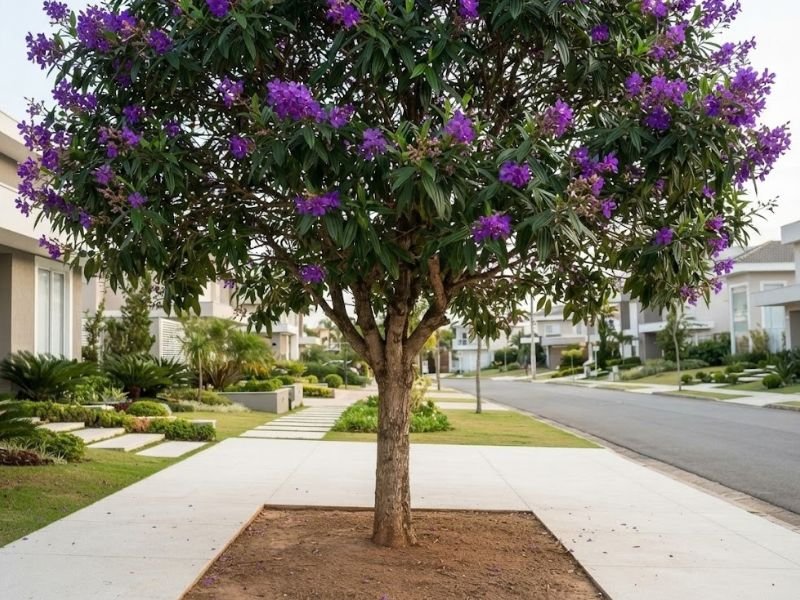 Quaresmeira roxa adulta com flores violetas, plantada em área permeável de uma calçada residencial.