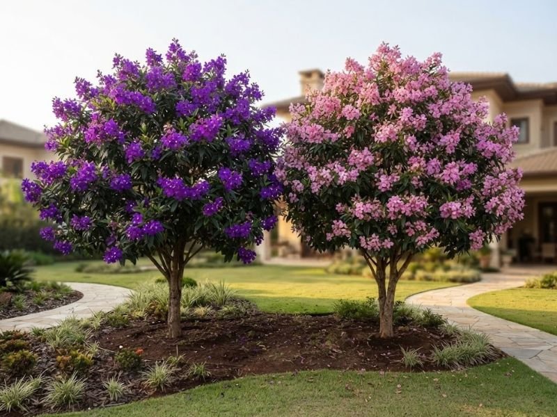 Duas quaresmeiras cultivadas lado a lado em jardim residencial, uma com flores violetas e outra com flores rosadas.