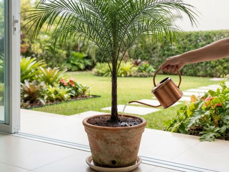 Rega do coco vedeliano feita diretamente no substrato do vaso