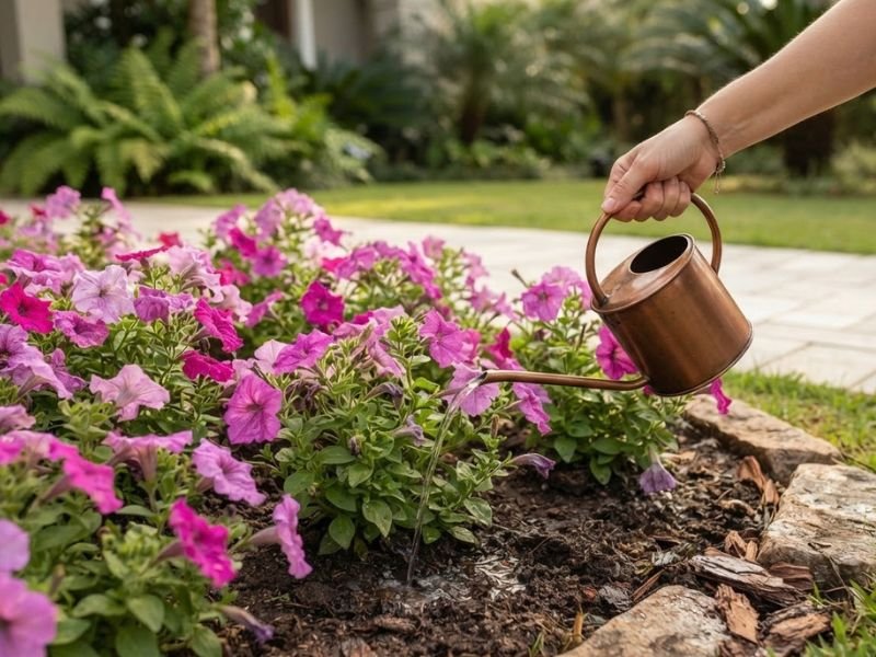 Mão segurando um regador e direcionando água ao solo junto à base de petúnias rosas.