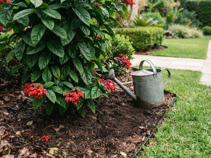 Clerodendro vermelho com solo úmido e regador apoiado ao lado do canteiro