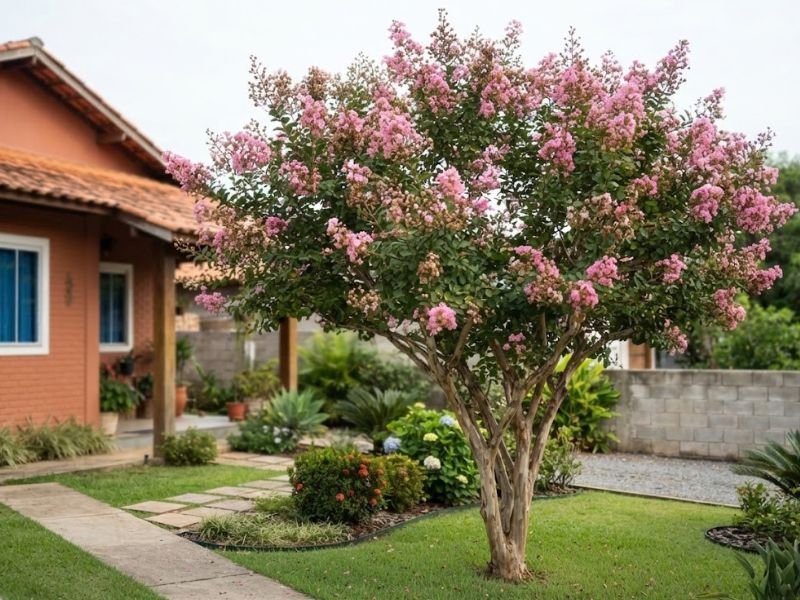 Extremosa adulta com flores rosa cultivada em jardim residencial
