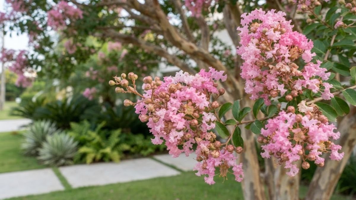 Flores rosa de resedá em primeiro plano com tronco descamante ao fundo